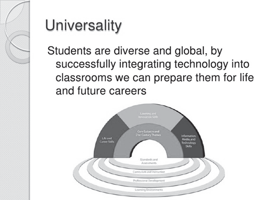 Slide titled “Universality” with a gray-scaled dome graphic illustrating educational components.