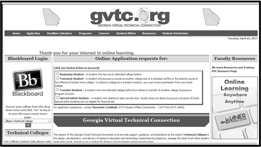 A webpage of Georgia Virtual Technical Connection with Blackboard login, online application requests, faculty resources, and technical college links.