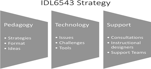 A three part diagram with sections labeled pedagogy, technology, and support, each listing related items in bullet points.