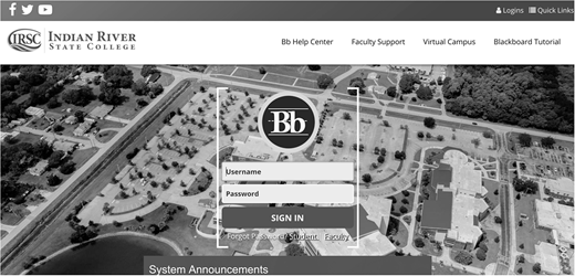 A Blackboard login page for Indian River State College with fields for username, password, and sign in.