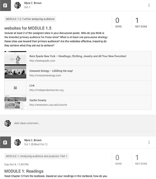 A course page showing assignments for Module 1.5 and Module 1 with readings, websites, and task completion status.
