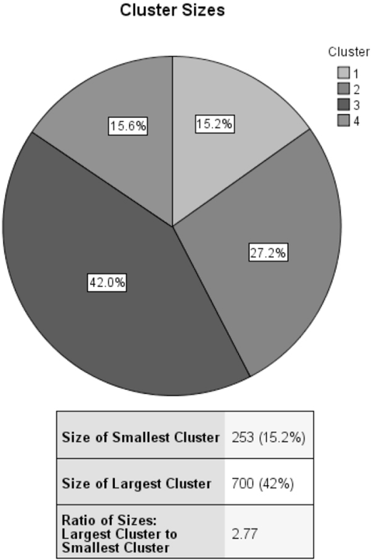 A pie chart titled Cluster Sizes showing four clusters with percentages and a ratio of largest to smallest cluster.
