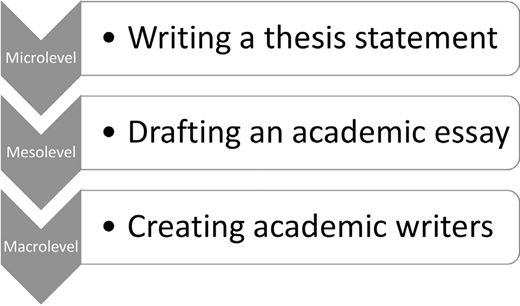 A diagram with three levels Microlevel writing a thesis statement, Mesolevel drafting an academic essay, Macrolevel creating academic writers.