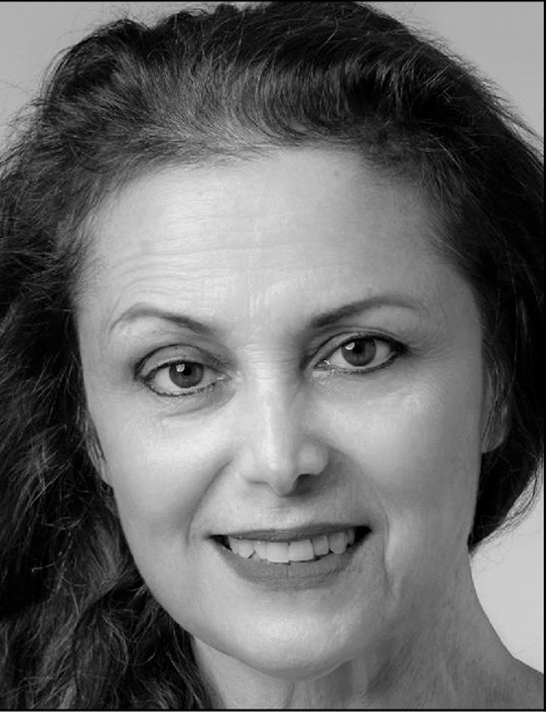 A black and white headshot of a woman with contact information beneath.