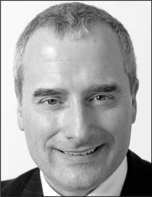 A close up black and white photograph of a man with contact information.