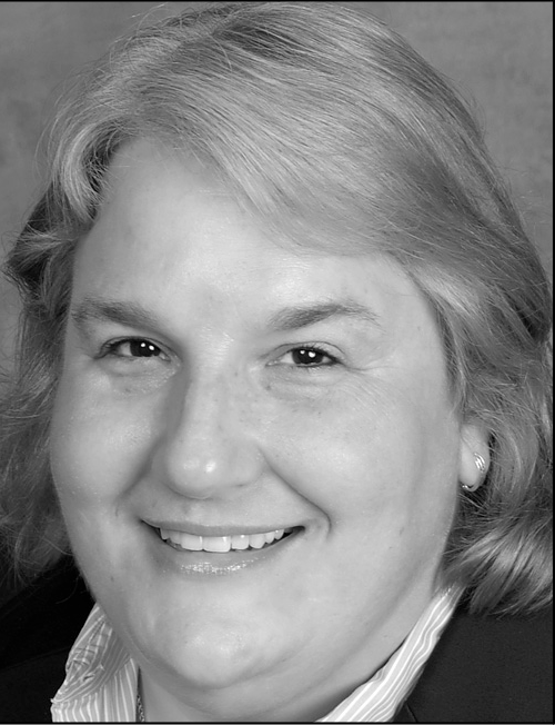 A black and white photograph of a woman with contact information.