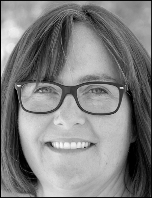 A black and white photograph of a woman with contact information.