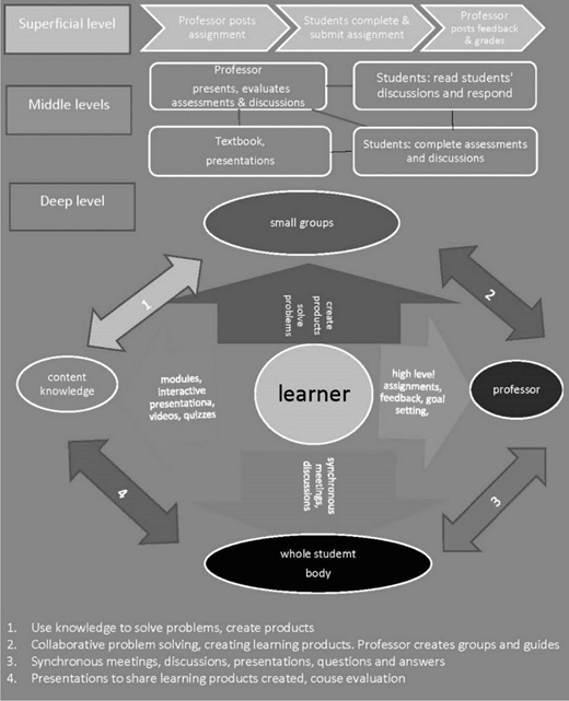 A diagram showing the learner at the center with arrows connecting content knowledge professor small groups and whole student body and describing steps for solving problems and creating products.