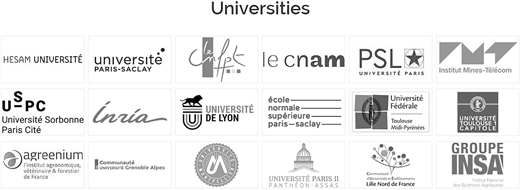A collection of logos from 18 French universities and educational institutions presented on a white background with the heading Universities.