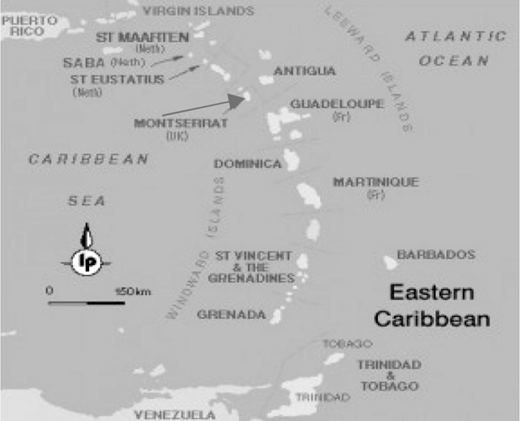 A map of the Eastern Caribbean region with several islands and countries labeled.