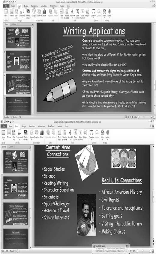 A PowerPoint slide titled Writing Applications lists writing prompts and cites Fisher and Frey about engaging students in varied writing tasks. A PowerPoint slide compares content area connections including social studies and science with real life connections such as civil rights and tolerance.