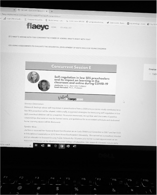 A laptop screen displays a webpage from Flaeyc with a Concurrent Session E announcement on self regulation in preschoolers.