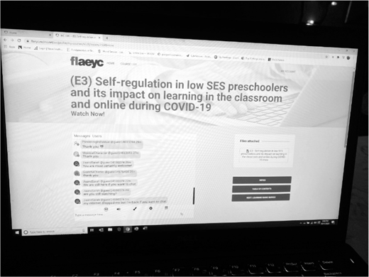 A laptop screen displays a Flaeyc webpage for session E3 on self regulation in preschoolers and learning during C O V I D 19.