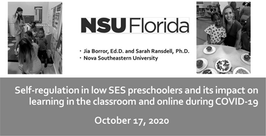A presentation title slide for NSU Florida on self regulation in preschoolers during C O V I D 19 with date October 17, 2020.
