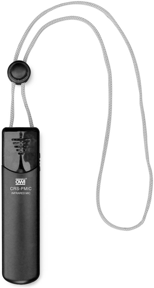 An OWI wireless microphone device with a neck strap.