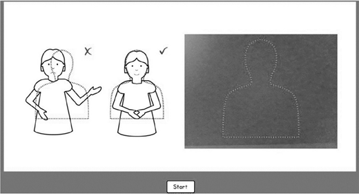 Diagram shows incorrect and correct hand placement on torso with an X and a check mark, and an outline of a person on the right side.