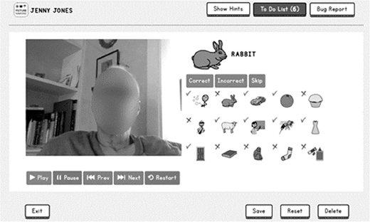 An interface with text Jenny Jones, buttons Show Hints, To Do List 6, Bug Report, a video, the word Rabbit, icons with checks and X marks, and controls.
