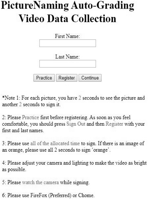 An interface titled PictureNaming Auto Grading Video Data Collection with text fields for first and last name, buttons, and numbered instructions.