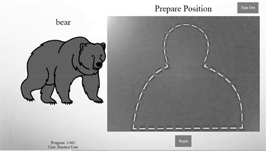 An interface with the word bear above a bear illustration, a dashed outline of a person, text Prepare Position, buttons Sign Out and Begin, and progress text.