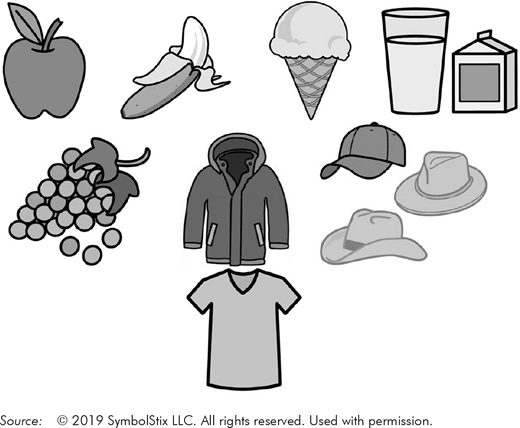 An illustration of an apple, banana, ice cream cone, glass, carton, grapes, jacket, cap, two hats, and a T shirt arranged in rows.