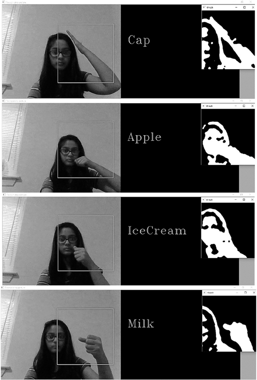 Four panels show a person making hand signs with windows labeled Cap, Apple, IceCream, and Milk alongside matching black and white silhouettes.