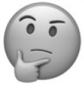 A thinking face emoji with a furrowed brow and a finger resting on the chin.