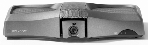 A Polycom video conferencing unit with a camera in the center and a power indicator light on the right.