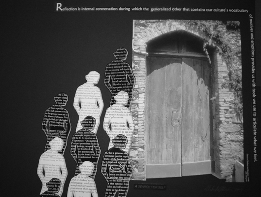 An illustration of a wooden door and stone archway comma with silhouettes of 7 point 5 people overlaid point Text at the top reads Reflection is internal conversation dot dot dot point.
