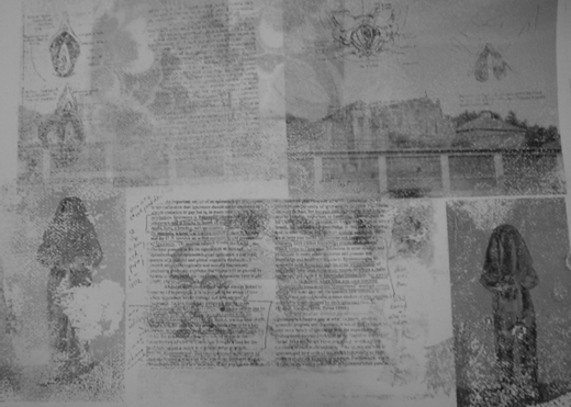 A monochrome illustration showing layered text and faded sketches, including anatomical drawings, architectural elements, and figures with draped clothing.