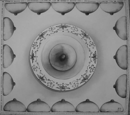 A monochrome painting featuring a central circular dish with an ornate rim and a dark center, surrounded by a border of rounded, breastlike forms.