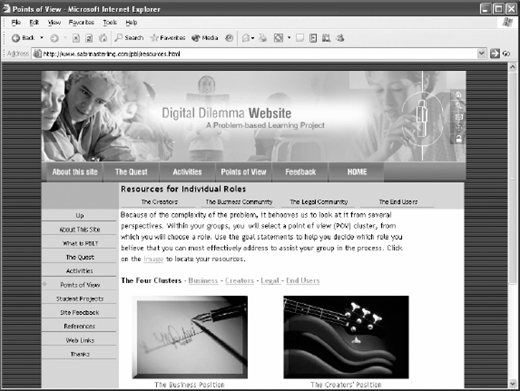 A screenshot of the Digital Dilemma Website, showing navigation, resource text, and two images The Reckless Position and The Cautious Position.
