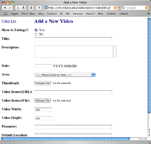 A web form titled Add a New Video with fields for title, description, date, area, thumbnail, source URL, video file, width, height, presenter, and location.