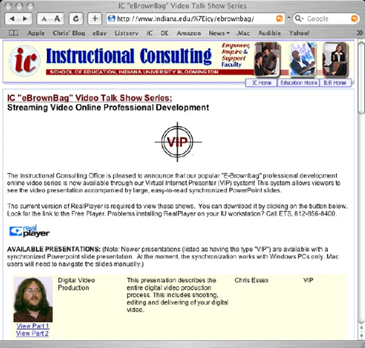 A web page for Instructional Consulting’s IC eStreaming Video Talk Show Series displays a VIP badge, description, and presenter list with headshots and titles.