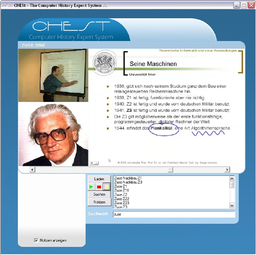 A screenshot of the CHESS Computer History Expert System interface with a biography slide, photos of a man and a classroom scene, and a dropdown menu for selecting historical figures.