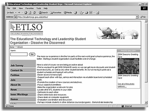 ETLSO website titled The Educational Technology and Leadership Student Organization — Dissolve the Disconnect, with menu items Job Survey, Contact Us, Join, About Us, News, Inner Workings, Humor, Date, search bar, photo gallery.