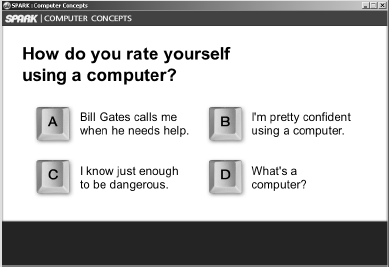 How do you rate yourself using a computer? Options: A Bill Gates calls me when he needs help, B I'm pretty confident, C I know just enough to be dangerous, D What’s a computer?