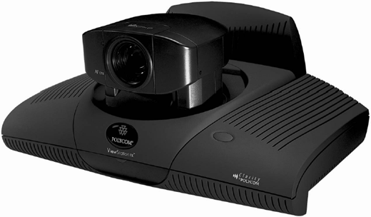Polycom ViewStation® videoconferencing device with camera on top and Polycom logo on base.