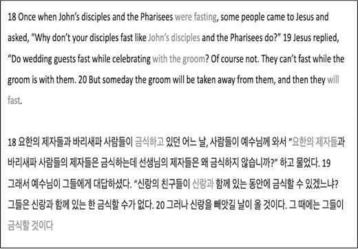 Scripts of English and Korean Bible texts from Mark 2:18–20 with selected words like fast, John’s disciples, and groom highlighted in gray to emphasize key vocabulary.