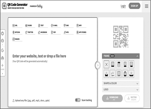 Screenshot of a QR code generator interface by bitly, showing options to create QR codes from URLs, text, emails, social media, and files, with customization options for frame, shape, color, and logo, plus a QR code preview and download buttons.