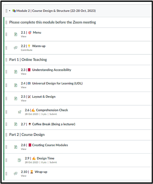 Screenshot of a weekly module design activity list for a course from Oct 22 to 28, 2023, including topics like Menu, Warm-up, Understanding Accessibility, UDL, Layout & Design, Comprehension Check, Creating Course Modules, Design Time, and Wrap-up.