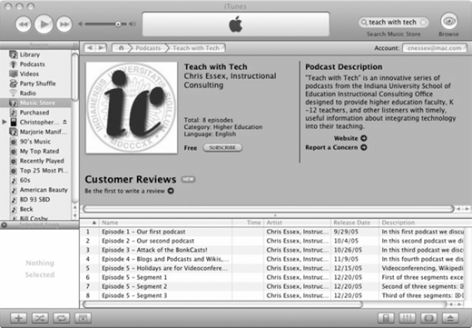 Teach with Tech podcast page in iTunes showing podcast details by Chris Essex, Customer Reviews section, and episode list with titles, artist, release dates, and descriptions.