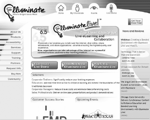 A grayscale screenshot of a website homepage featuring the Illuminate Live platform with navigation menus, feature descriptions, buttons for demos and trials, and side columns containing news and reviews.
