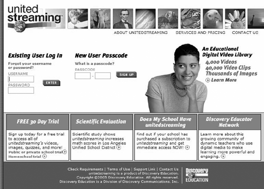 A grayscale screenshot of a website login page for United Streaming showing existing and new user sign-in fields, a promotional section with a person s photo, and several boxed offers and information links below.
