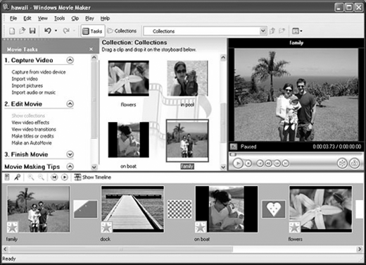 A grayscale screenshot of the Windows Movie Maker interface displaying video clips in a collection panel, a preview window showing a family photo, task menus on the left, and a storyboard timeline with multiple thumbnails at the bottom.
