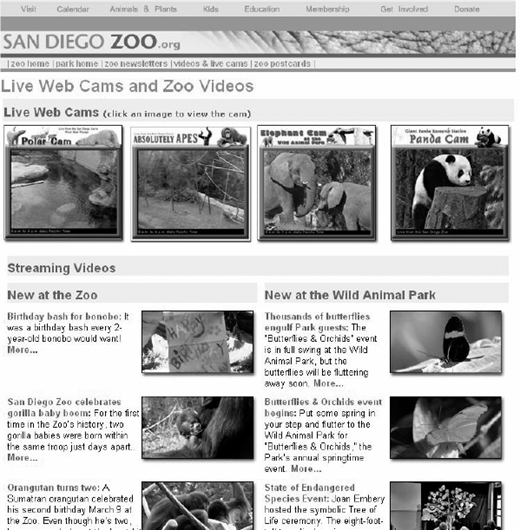 A grayscale screenshot of the San Diego Zoo website showing live webcam thumbnails of zoo animals and sections featuring streaming video highlights from the zoo and the wild animal park.