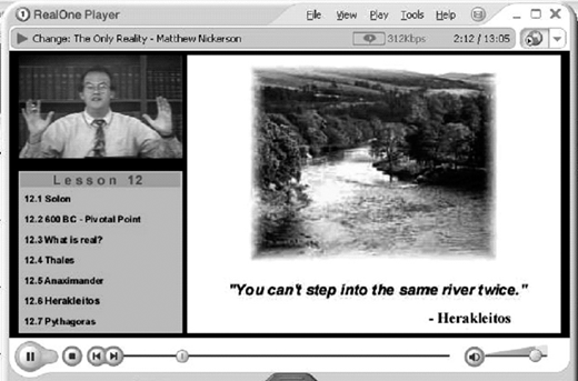 A grayscale screenshot of a RealOne Player window displaying a lesson menu on the left, a video of a speaker, and a slide on the right showing a river image with the quote You cannot step into the same river twice.