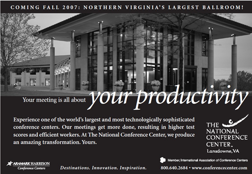 An advertisement for The National Conference Center featuring a large modern building with glass walls, the slogan Your meeting is all about your productivity, and text promoting the center's technology and facilities.