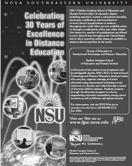 A promotional poster for Nova Southeastern University celebrating 30 years of distance education, featuring program details, images of online learning, the N S U logo, and the website www dot fgse dot nova dot edu.