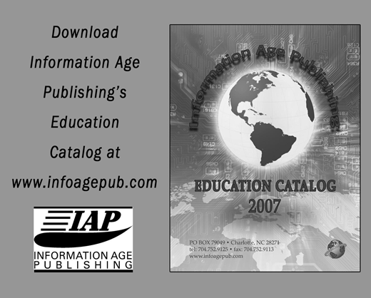 An advertisement for Information Age Publishing showing a 2007 Education Catalog cover with a globe graphic, the I A P logo, and text directing users to download the catalog at www dot infoagepub dot com.