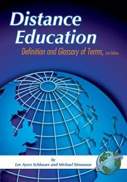 A promotional page advertising the book Distance Education: Definition and Glossary of Terms, showing its cover, description, authors, table of contents, and publisher details.